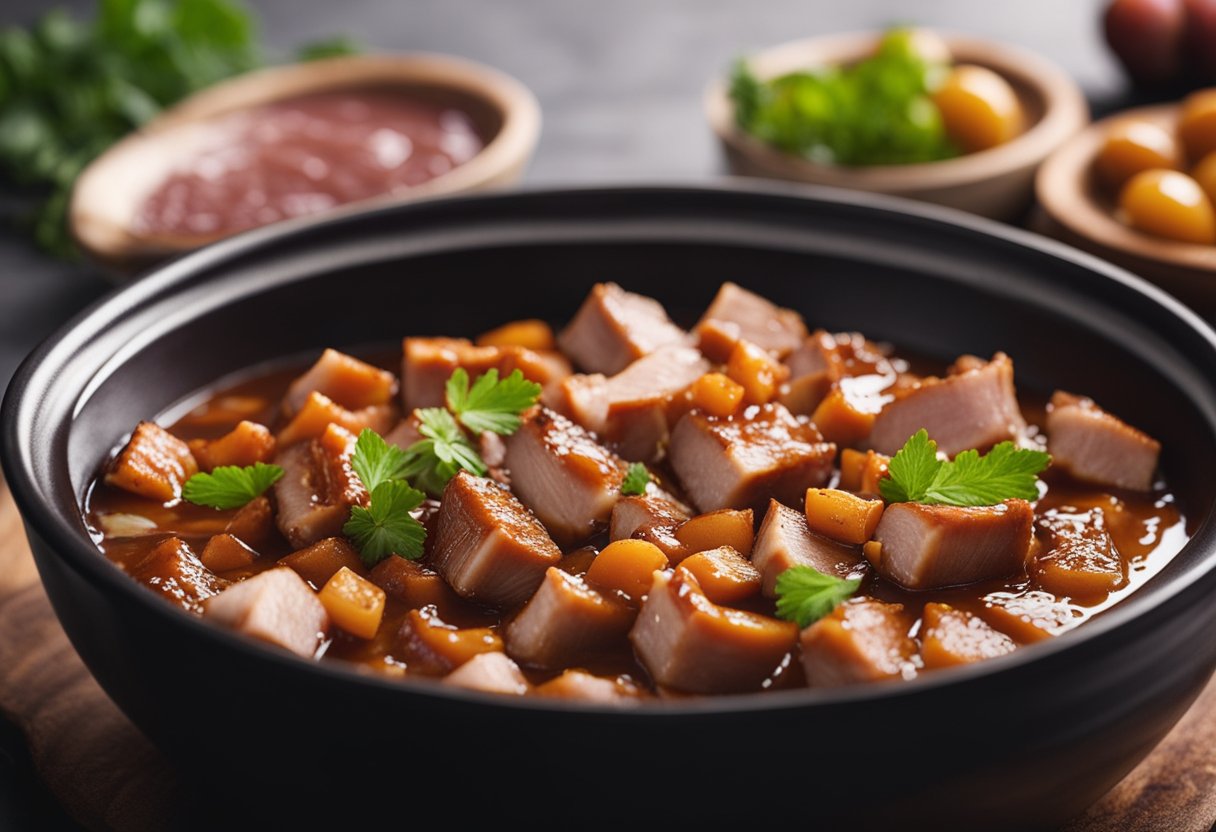 Pork pieces marinating in a bowl with plum sauce. A pan sizzling with cooking pork