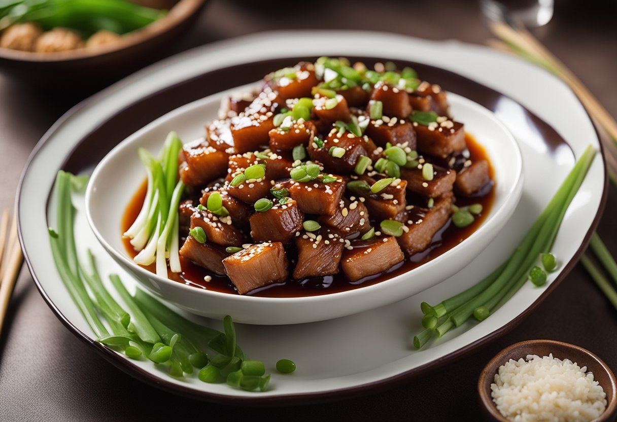 A plate of Chinese pork with plum sauce, garnished with green onions and sesame seeds, is elegantly presented on a white ceramic dish
