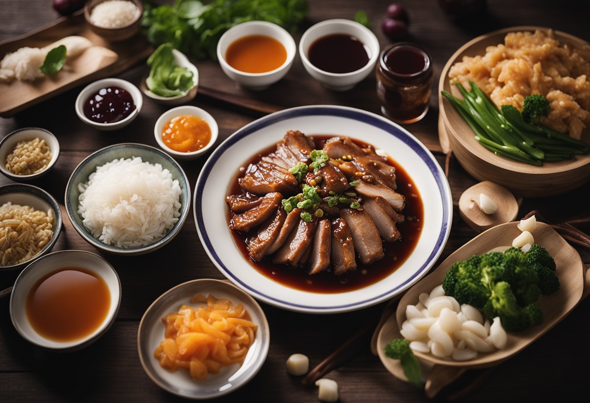 A plate of Chinese pork with plum sauce sits on a wooden table, surrounded by various containers and jars of leftover ingredients