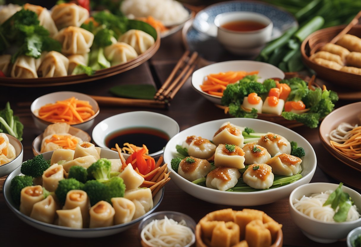 A colorful array of vegetable stir-fries, dumplings, and spring rolls on a festive table setting, with traditional Chinese decorations in the background