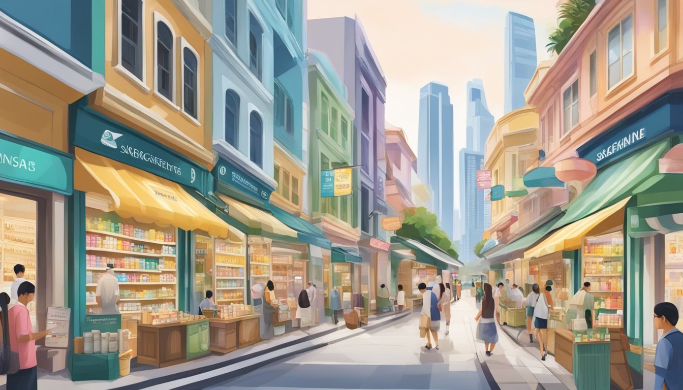 A bustling street in Singapore, with colorful storefronts and signs advertising skincare products. A prominent display of Saerogenta cream in a busy pharmacy window