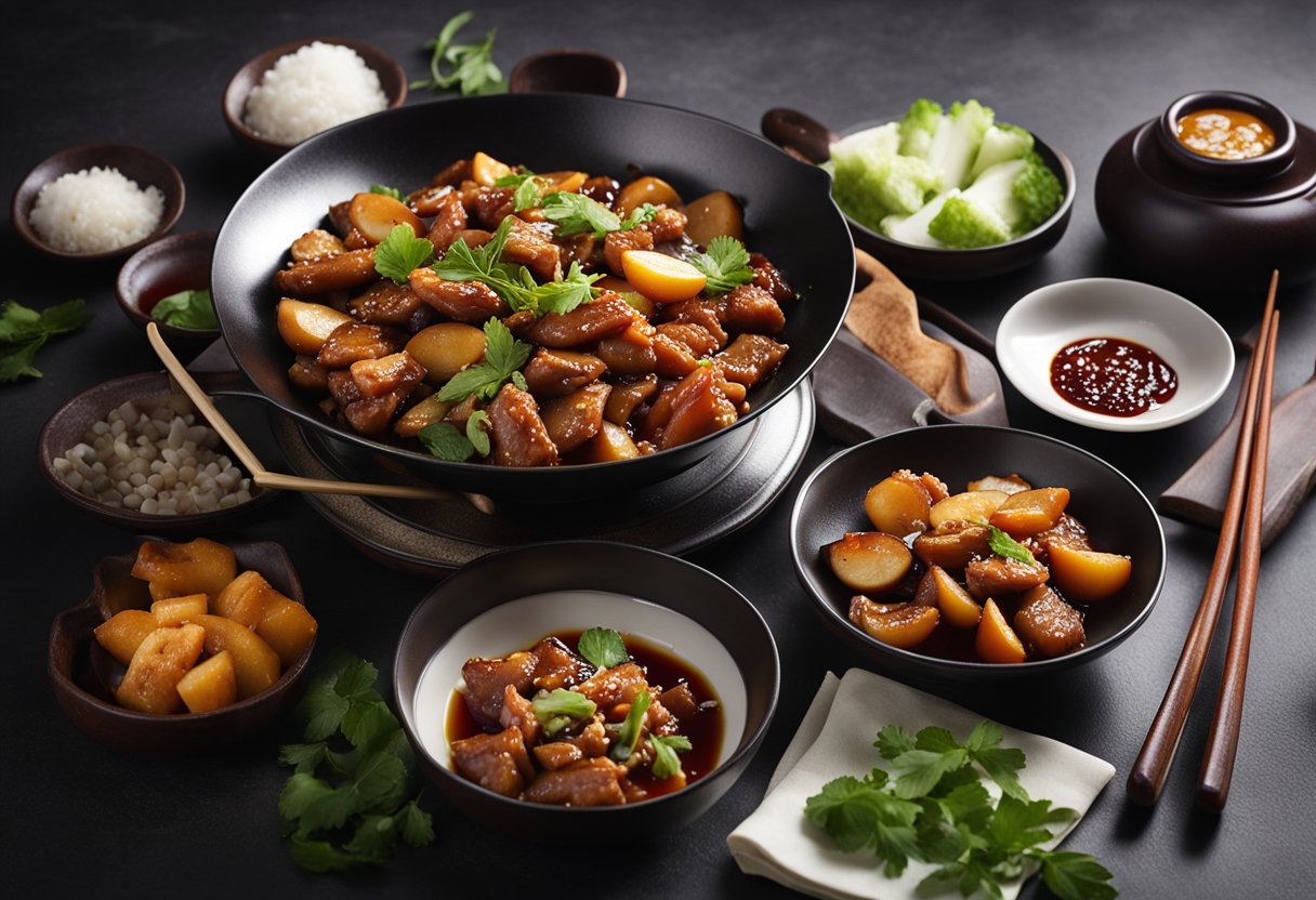 A sizzling wok with stir-fried pork, plums, and savory sauce, surrounded by traditional Chinese ingredients and cooking utensils