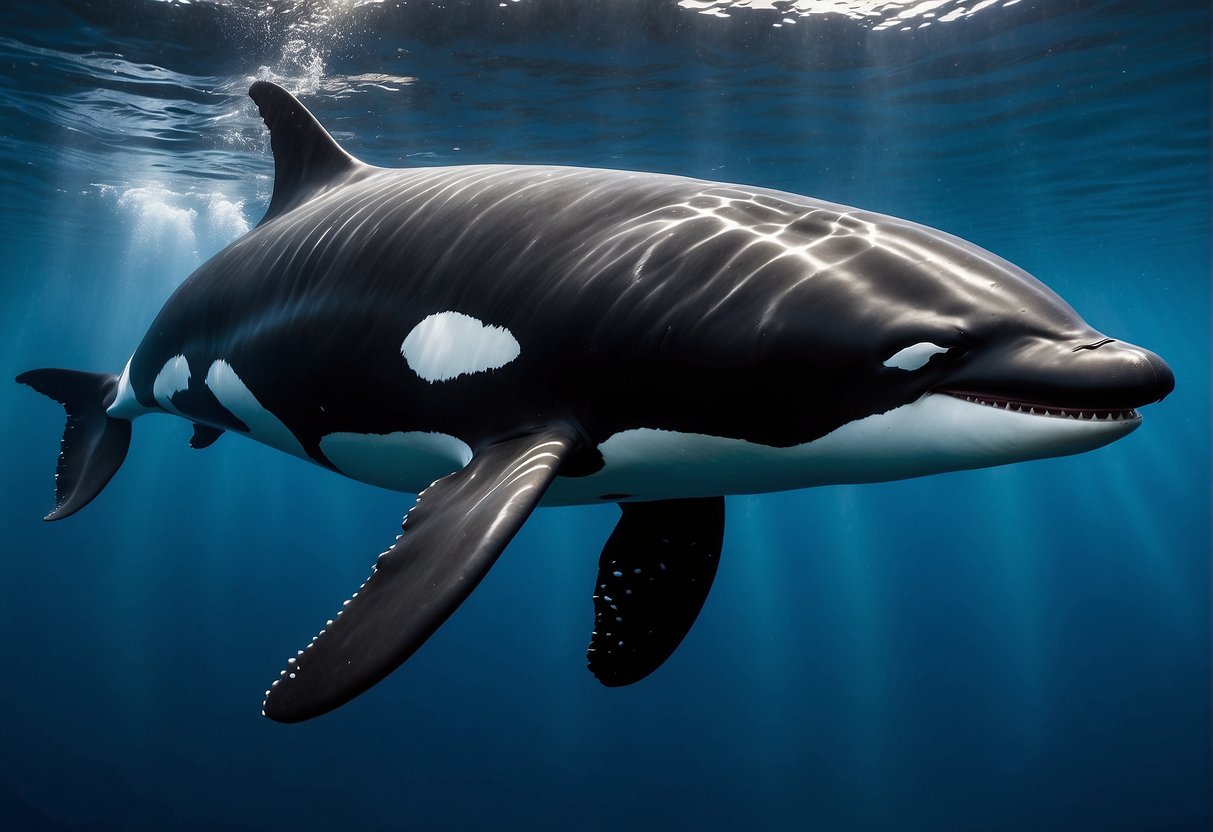 An orca bot swims gracefully through the deep blue ocean, its sleek black and white body gliding effortlessly through the water. The bot's dorsal fin cuts through the surface as it navigates its underwater world with precision and grace
