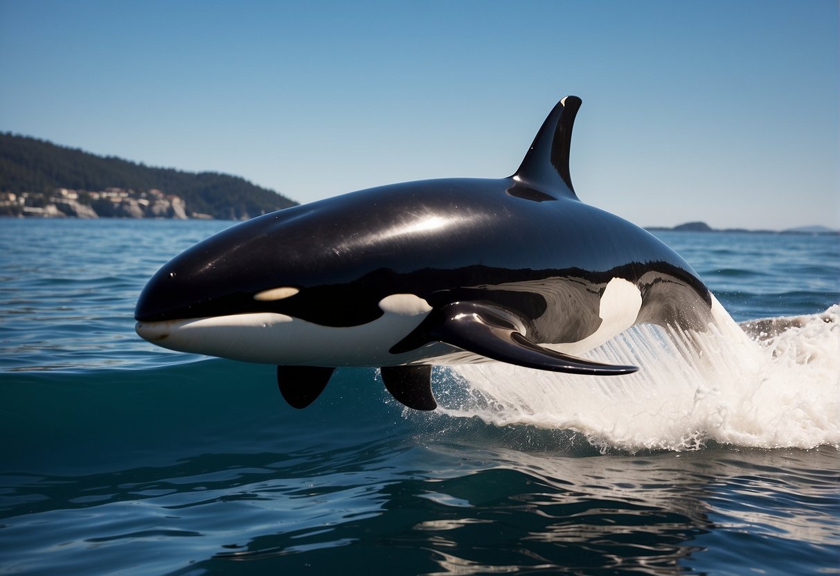 The Orca Bot hovers above the ocean, its sleek metallic body glistening in the sunlight. Its powerful propellers churn the water as it scans the depths with its advanced sonar system