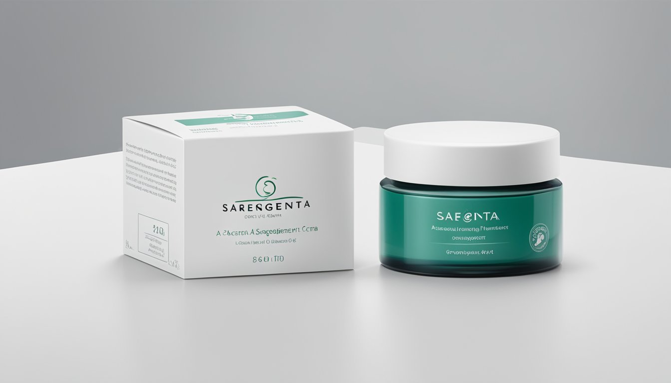 A tube of Saerogenta A cream sits on a clean, white countertop. The label prominently displays its benefits. A serene, minimalist backdrop sets the scene