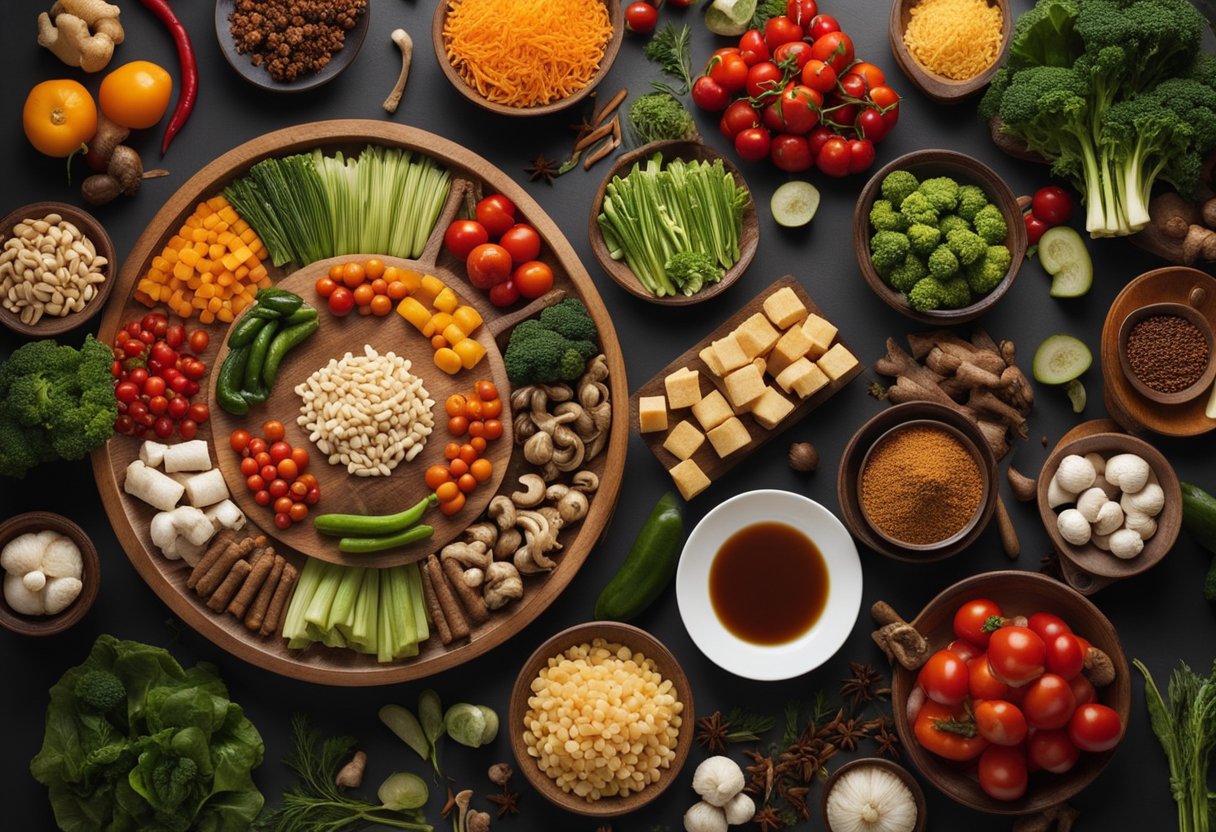A table adorned with colorful vegetables, tofu, mushrooms, and traditional Chinese spices for vegetarian Chinese New Year dishes