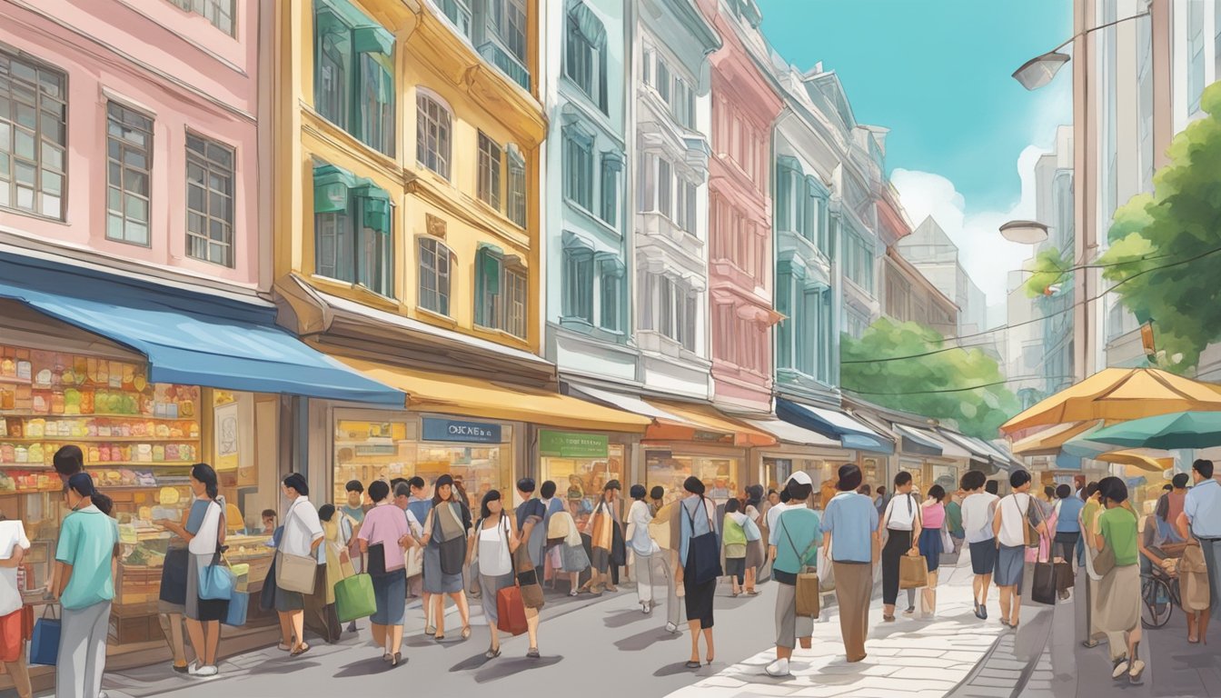 A bustling Singapore street with colorful storefronts, a prominent sign for Saerogenta cream, and a crowd of interested shoppers