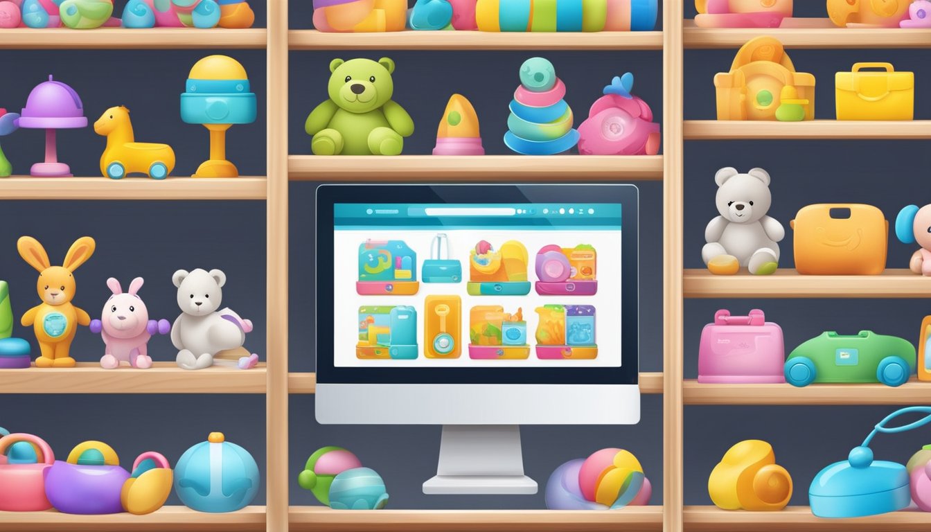 Colorful baby toy brands displayed on shelves with online shopping website on a computer screen