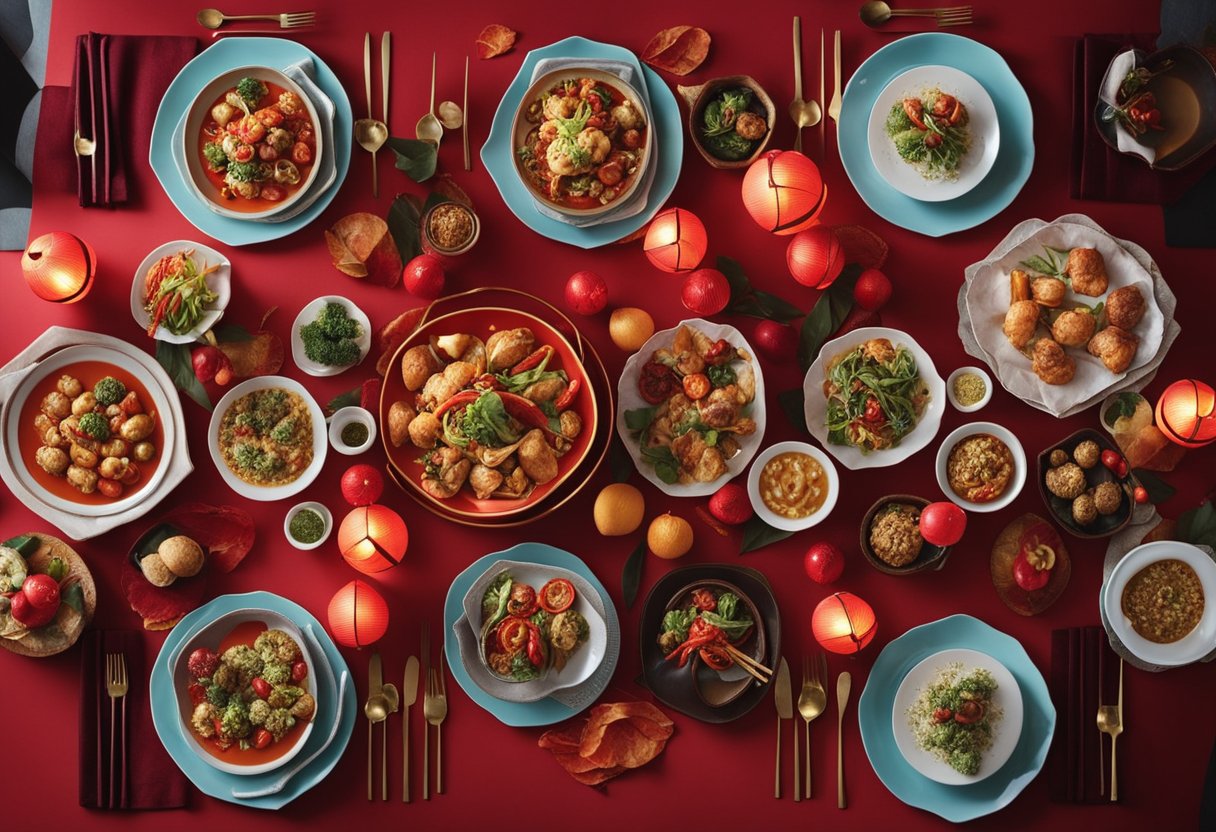 A table set with colorful vegetarian Chinese dishes for a New Year celebration. Red lanterns hang overhead, adding to the festive atmosphere