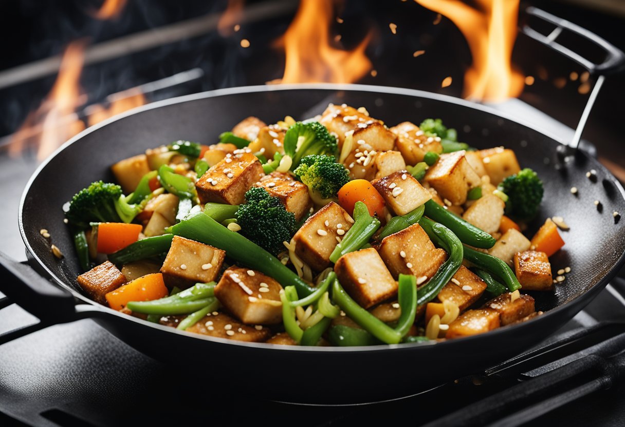 A wok sizzles with stir-fried vegetables, tofu, and noodles in a savory soy sauce. A sprinkle of sesame seeds and green onions adds the finishing touch