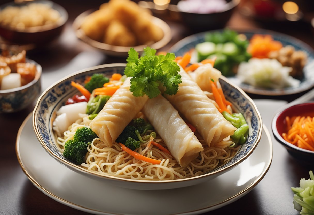 A table adorned with vibrant vegetarian Chinese New Year dishes symbolizing good fortune. A steaming bowl of longevity noodles, crispy spring rolls, and colorful stir-fried vegetables arranged in ornate serving dishes