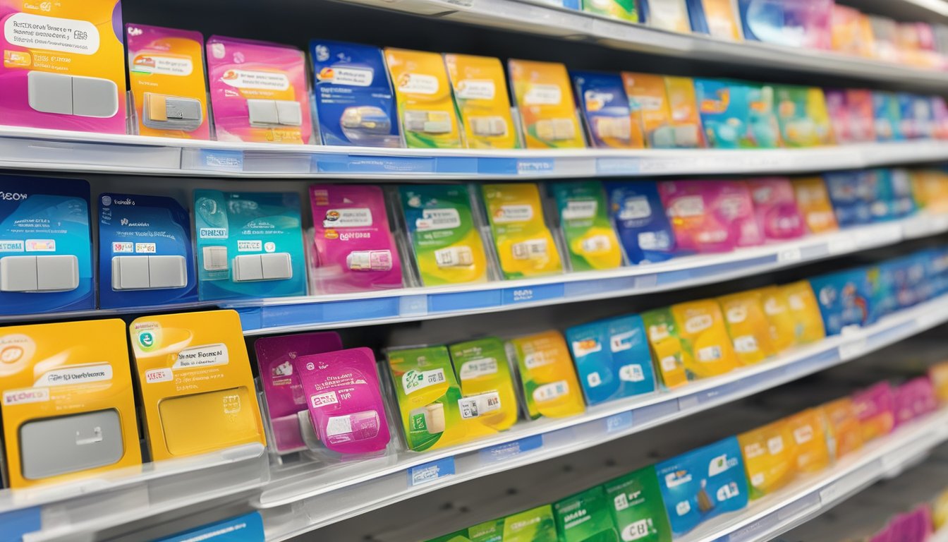 A Telstra prepaid sim card is displayed on a shelf in a Singaporean electronics store. The store is brightly lit with various telecom products on display