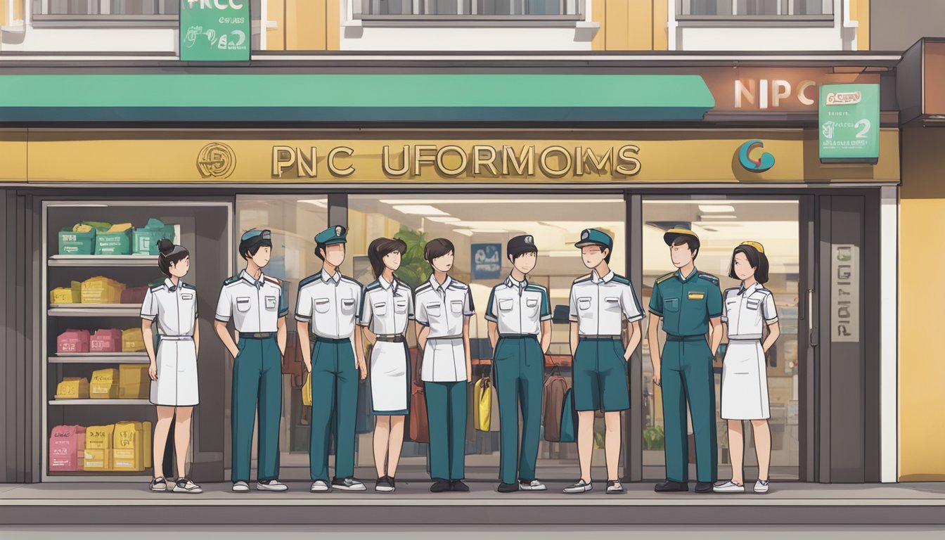 A group of people in NPCC uniforms stand outside a store in Singapore. A sign reads "NPCC Uniforms for Sale" in bold letters