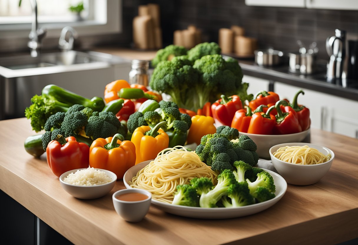 A variety of fresh vegetables, such as bell peppers, broccoli, and carrots, are neatly arranged on a kitchen counter next to a package of spaghetti noodles and a bottle of soy sauce