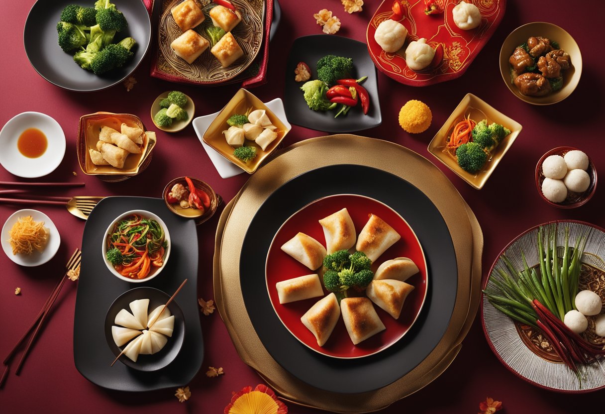 A table set with colorful and aromatic vegetarian Chinese New Year dishes, including stir-fried vegetables, tofu dumplings, and steamed buns. Decorative red and gold accents add a festive touch to the scene
