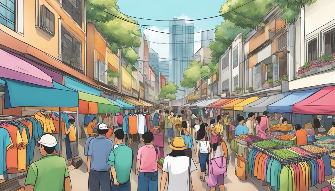A bustling street market in Singapore with colorful stalls selling various shirts and clothing items
