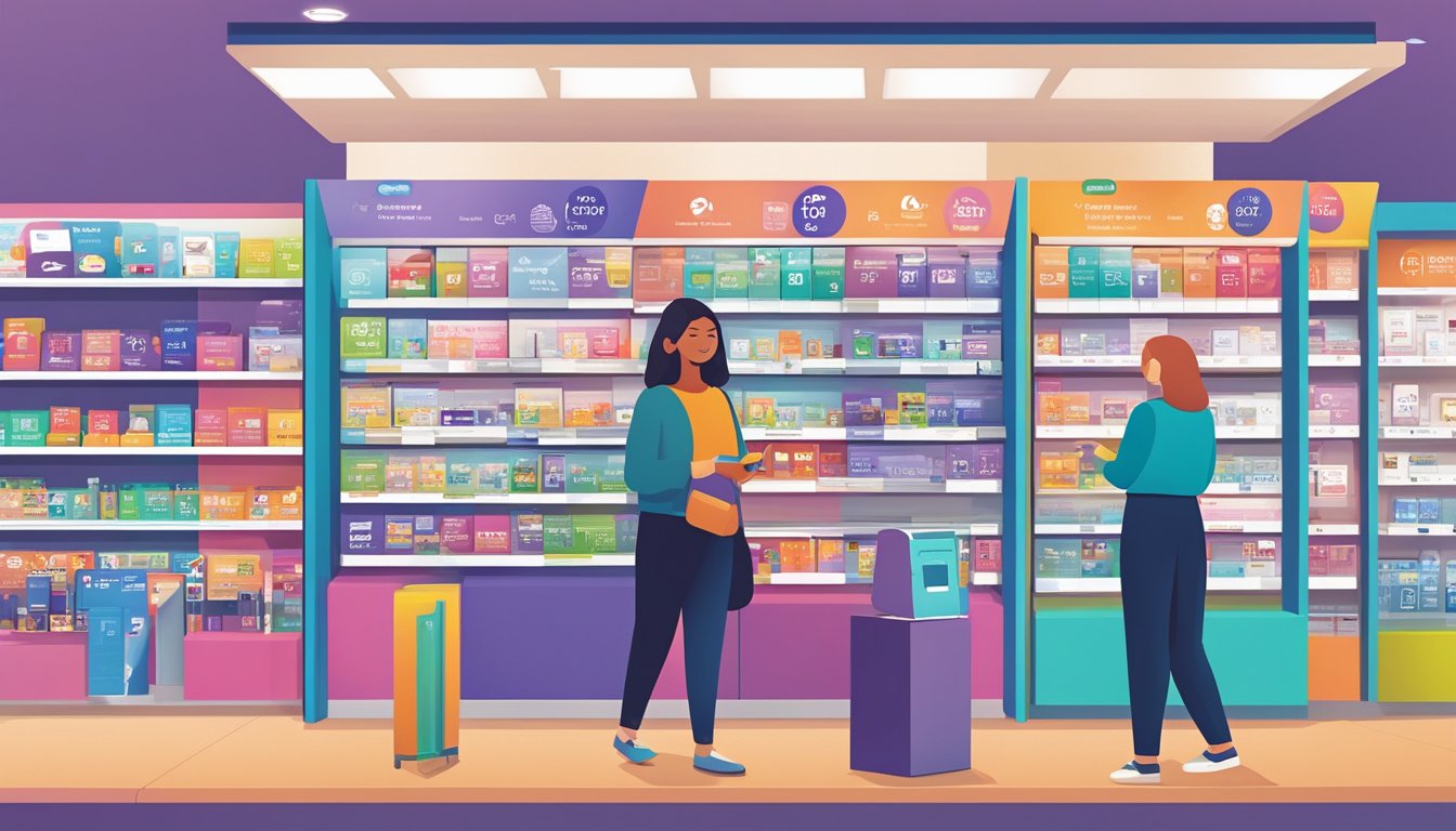 A customer browsing prepaid sim cards at a store, with various telco options displayed. Telstra prepaid sim prominently featured