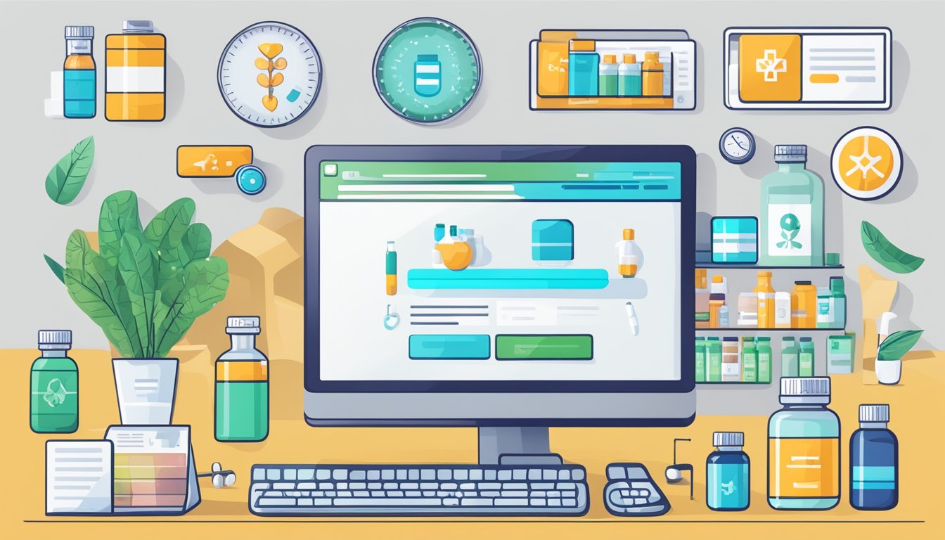 A computer screen displaying an online pharmacy website with the option to purchase mycophenolate mofetil, surrounded by various medical supplies and prescription bottles