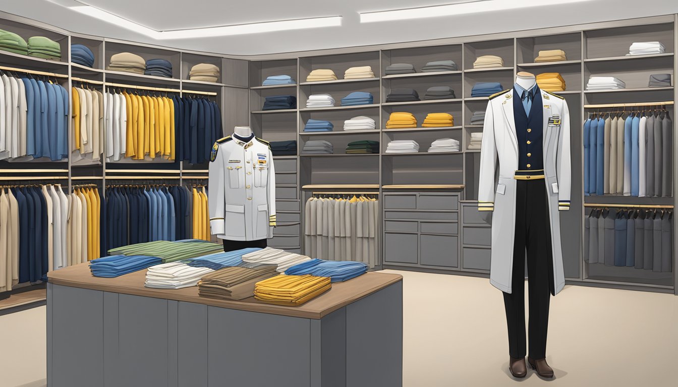 A display of NPCC uniforms in a Singapore store, with shelves stocked with various sizes and styles