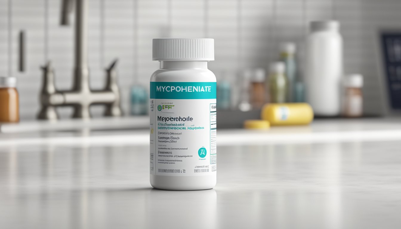 A bottle of mycophenolate mofetil sits on a clean, white countertop, with a prescription label attached and a childproof cap sealed tightly