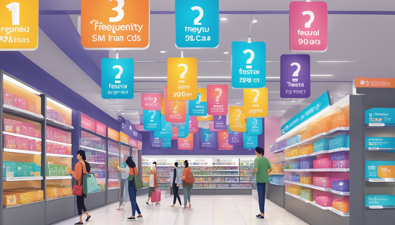 A display of Telstra prepaid SIM cards in a Singapore store, with a prominent "Frequently Asked Questions" sign