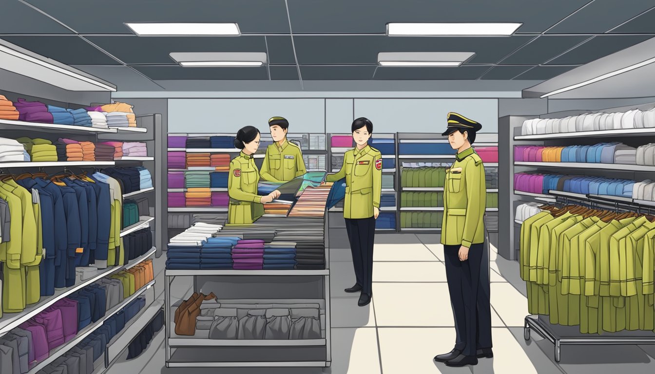 NPCC members in uniform at a Singapore store, browsing racks of neatly displayed NPCC uniforms and accessories