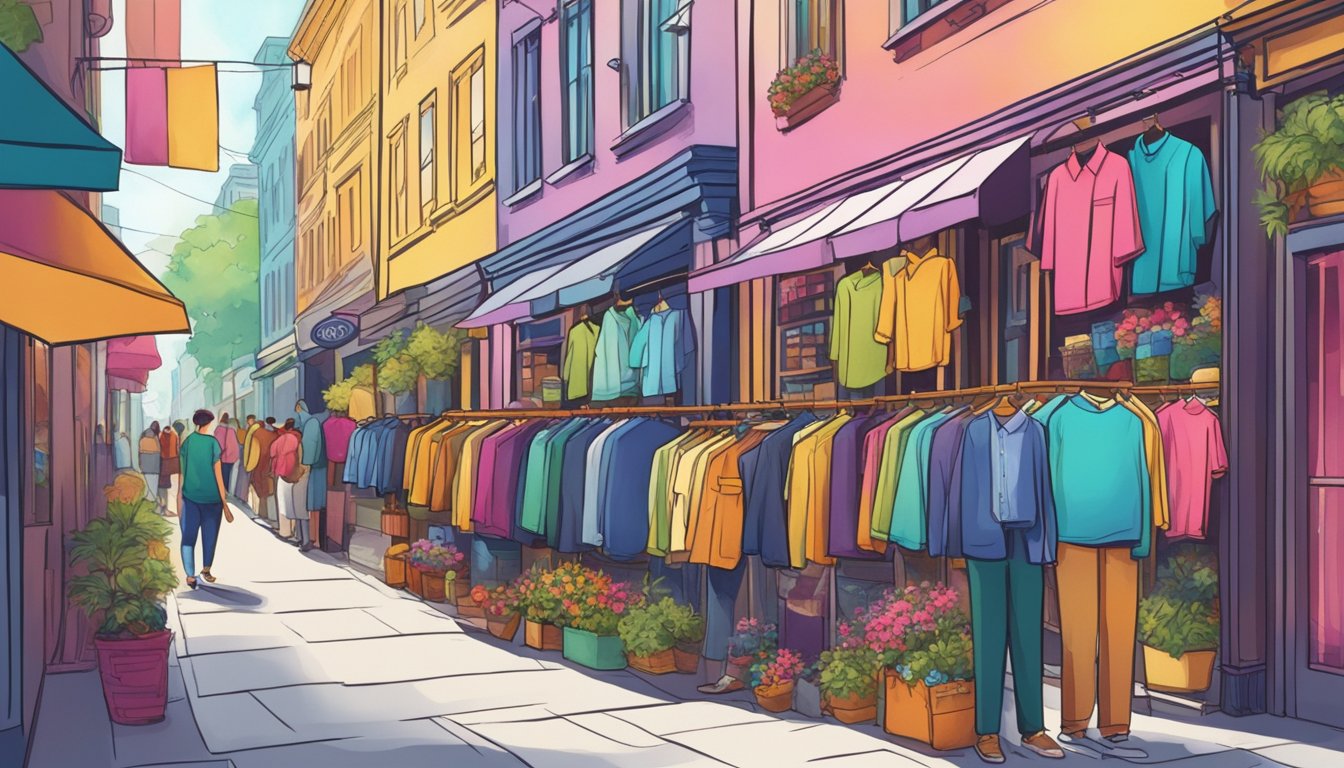 Vibrant streets lined with colorful storefronts showcasing a variety of stylish shirts. Busy shoppers browsing through racks and enjoying the bustling atmosphere