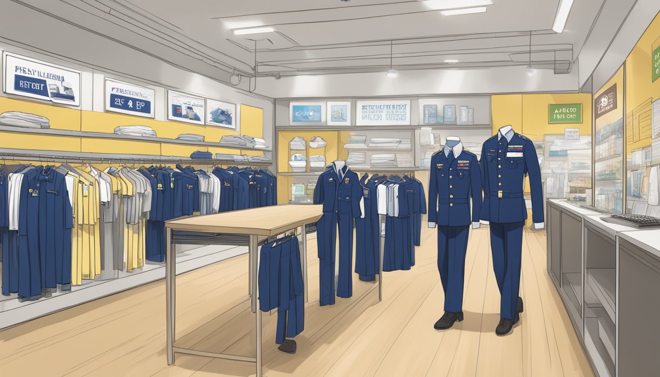 A display of NPCC uniforms in a Singapore store, with a sign reading "Frequently Asked Questions: Where to buy NPCC uniform Singapore."
