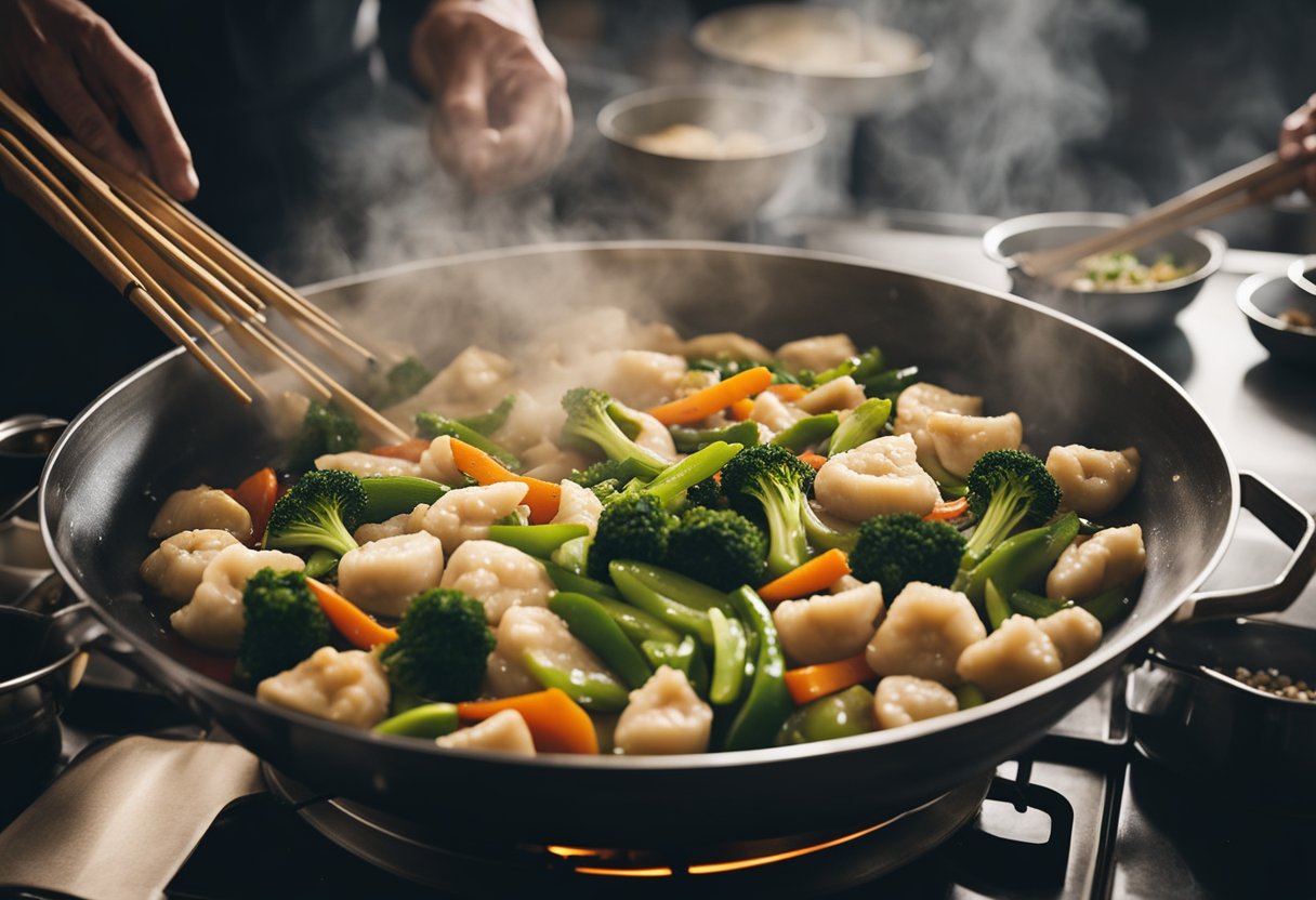 A wok sizzles with stir-fried veggies, while a chef expertly folds dumplings. Steam rises from bamboo baskets. Ingredients are neatly prepped and organized on the counter. A pot of fragrant broth simmers on the stove