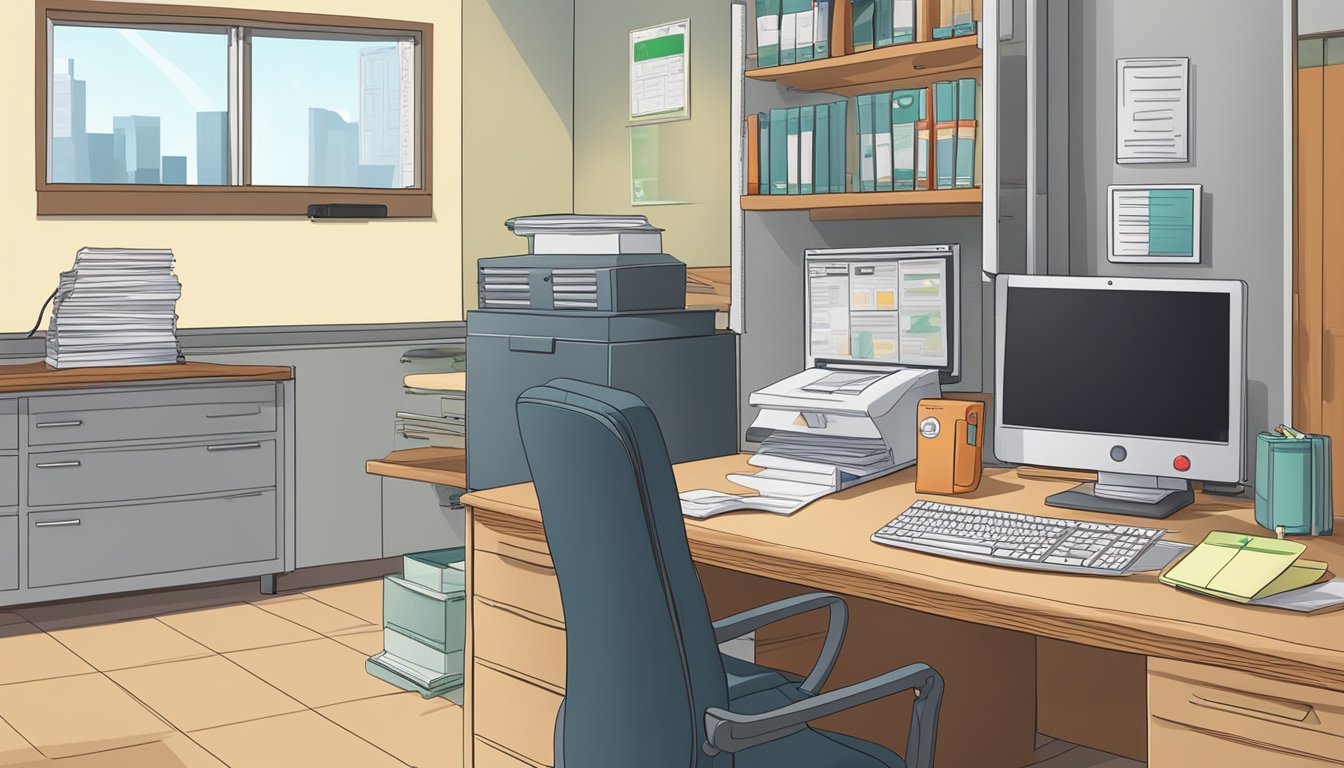 A desk with a computer, files, and a first aid kit. A sign on the wall reads "Administration and Safety."