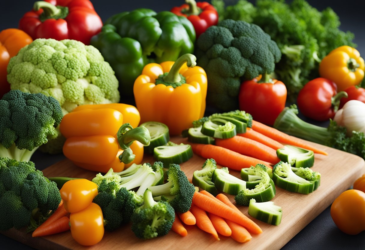 A variety of fresh vegetables, such as bell peppers, broccoli, and carrots, are being washed and chopped on a clean cutting board