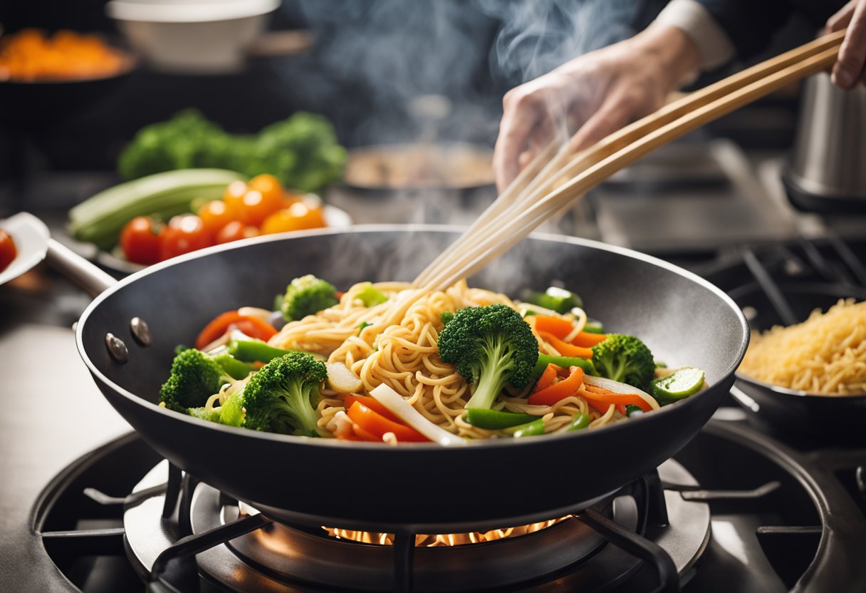 A wok sizzles as vegetables are stir-fried. Noodles boil in a pot. Sauces and seasonings are added to the mix