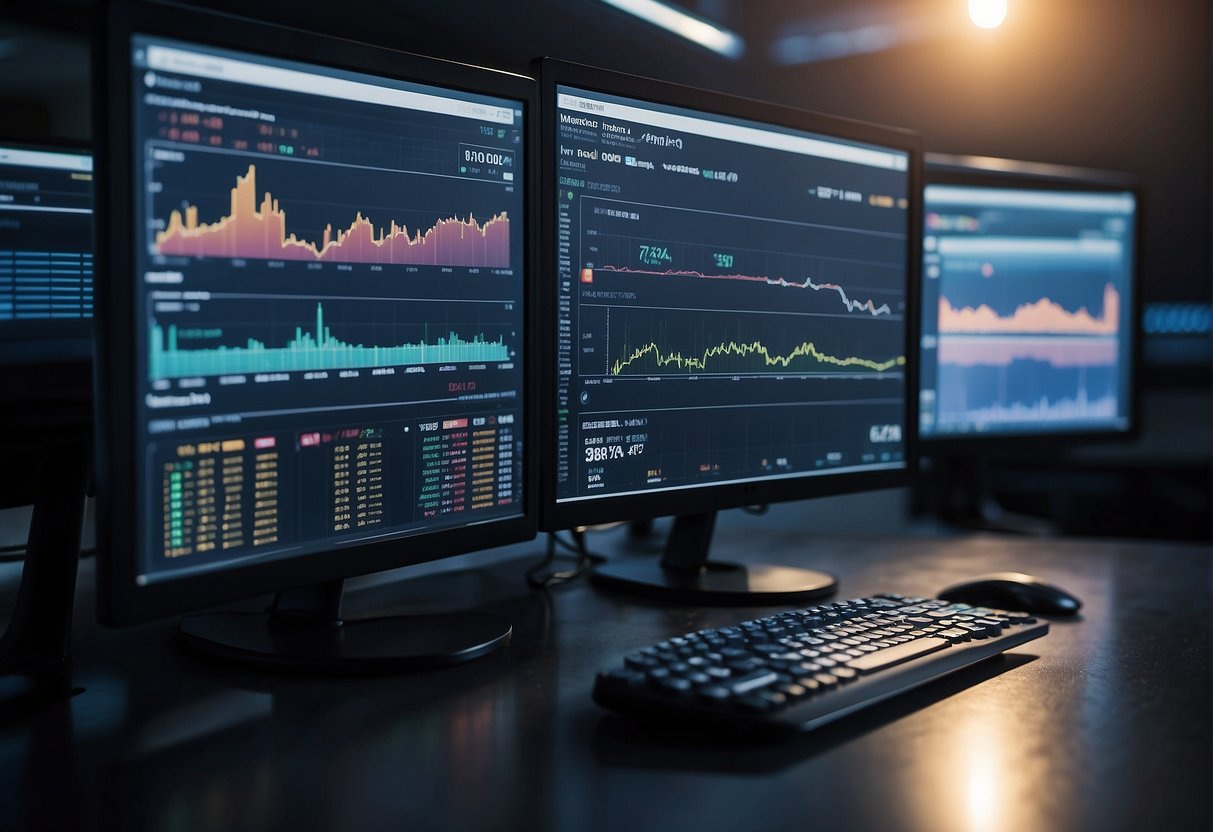 A computer screen displays a liquidity bot interface with various input fields and settings. Charts and graphs show real-time market data. Multiple cryptocurrency pairs are being monitored for trading opportunities