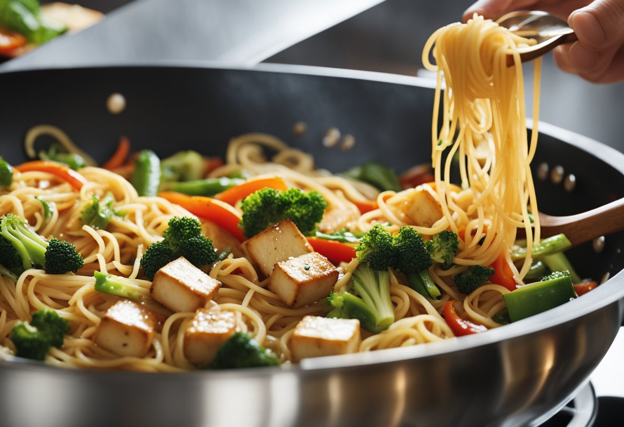 A wok sizzles with stir-fried vegetables, tofu, and noodles. A chef adds soy sauce and spices, creating a colorful and aromatic vegetarian Chinese spaghetti dish