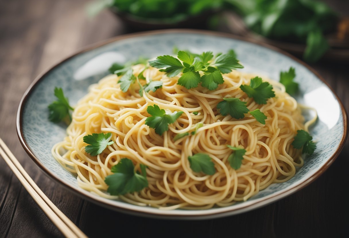 A steaming plate of vegetarian Chinese spaghetti is garnished with fresh cilantro and served on a traditional porcelain dish