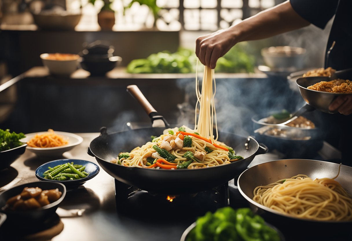 A steaming wok sizzles with stir-fried vegetables, tofu, and savory soy sauce, while a pile of thin, al dente spaghetti waits to be tossed into the mix
