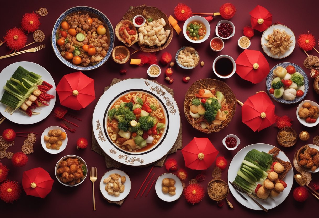 A table set with colorful vegetarian Chinese New Year dishes, surrounded by festive decorations and red lanterns