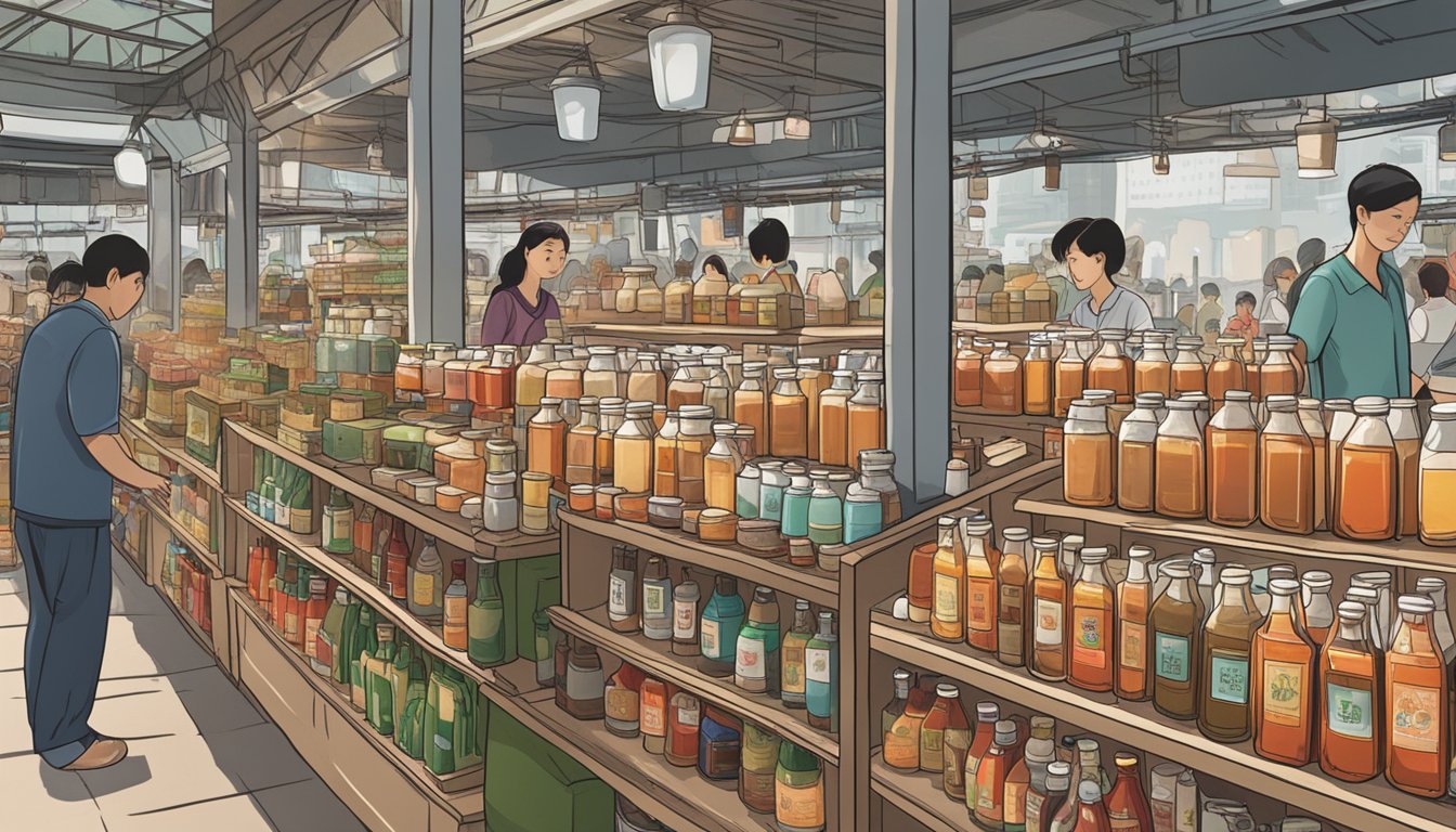A bustling market stall displays rows of Vietnamese fish sauce bottles in Singapore. Shoppers browse the selection, while a vendor stands ready to assist