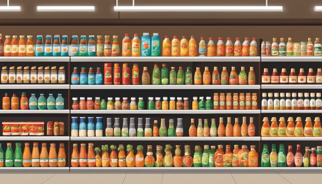 Shelves of various grocery items with prominent display of Vietnamese fish sauce bottles in a Singaporean store