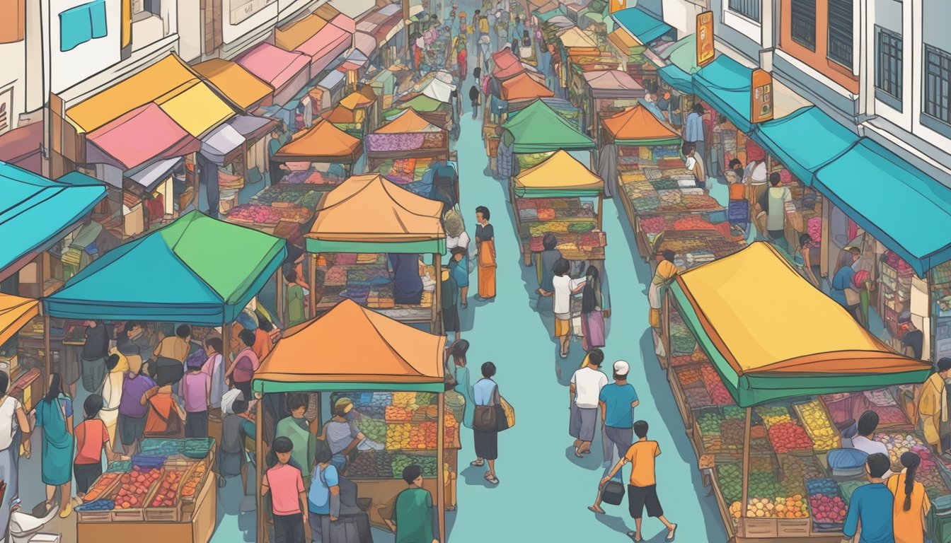 A bustling street market in Singapore, with colorful stalls and shops selling a variety of shirts. Crowds of people browsing and shopping