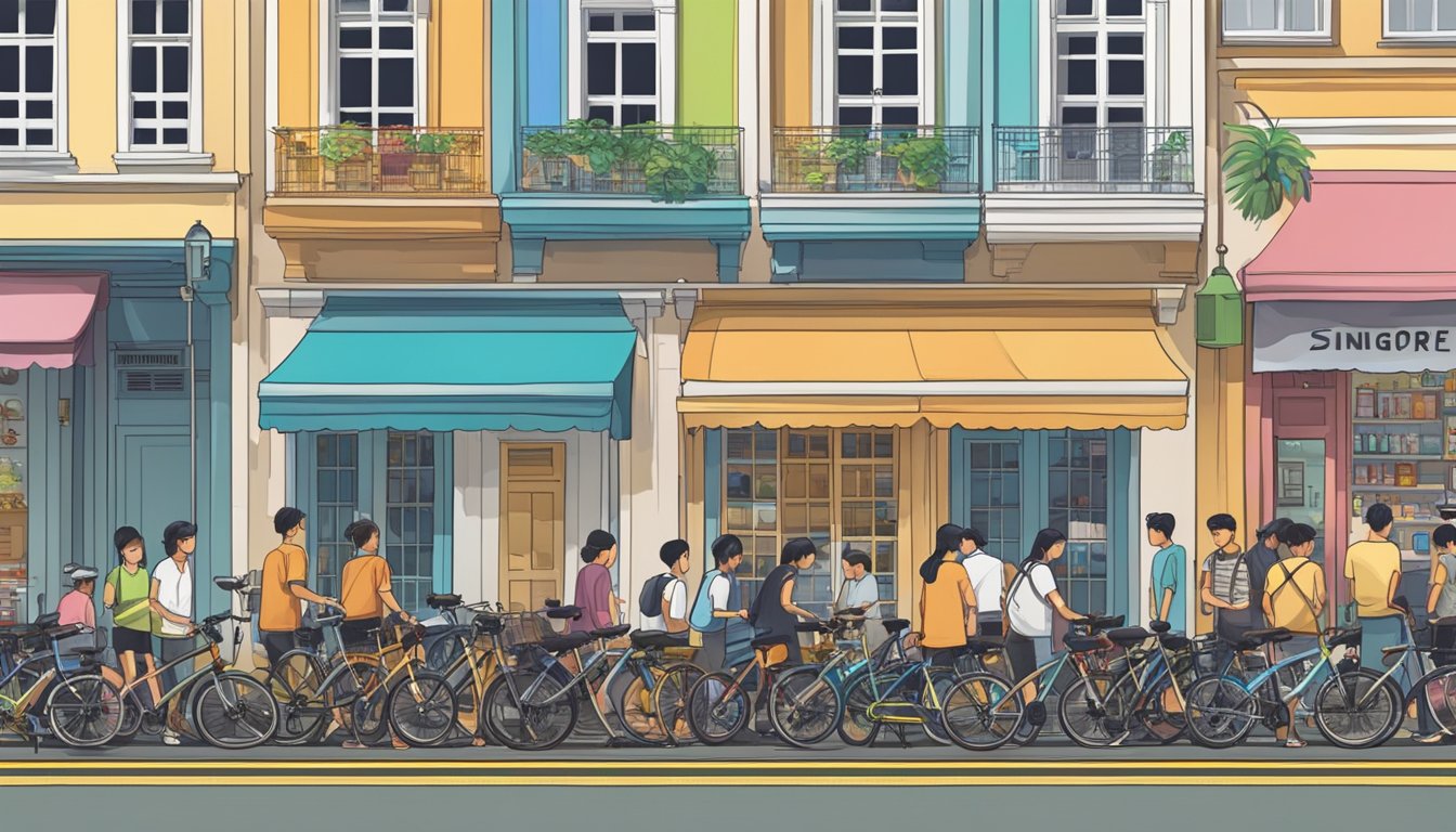 A bustling Singapore street with a variety of foldable bikes on display outside a bike shop, with colorful signage and people browsing