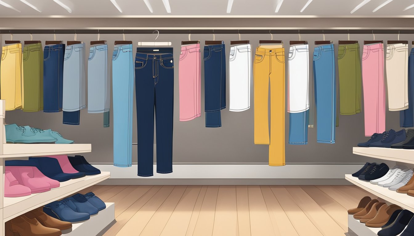 A colorful display of plus size jeans in a trendy Singapore boutique. Various styles and sizes are neatly arranged on shelves, showcasing the availability of fashionable options for plus size individuals