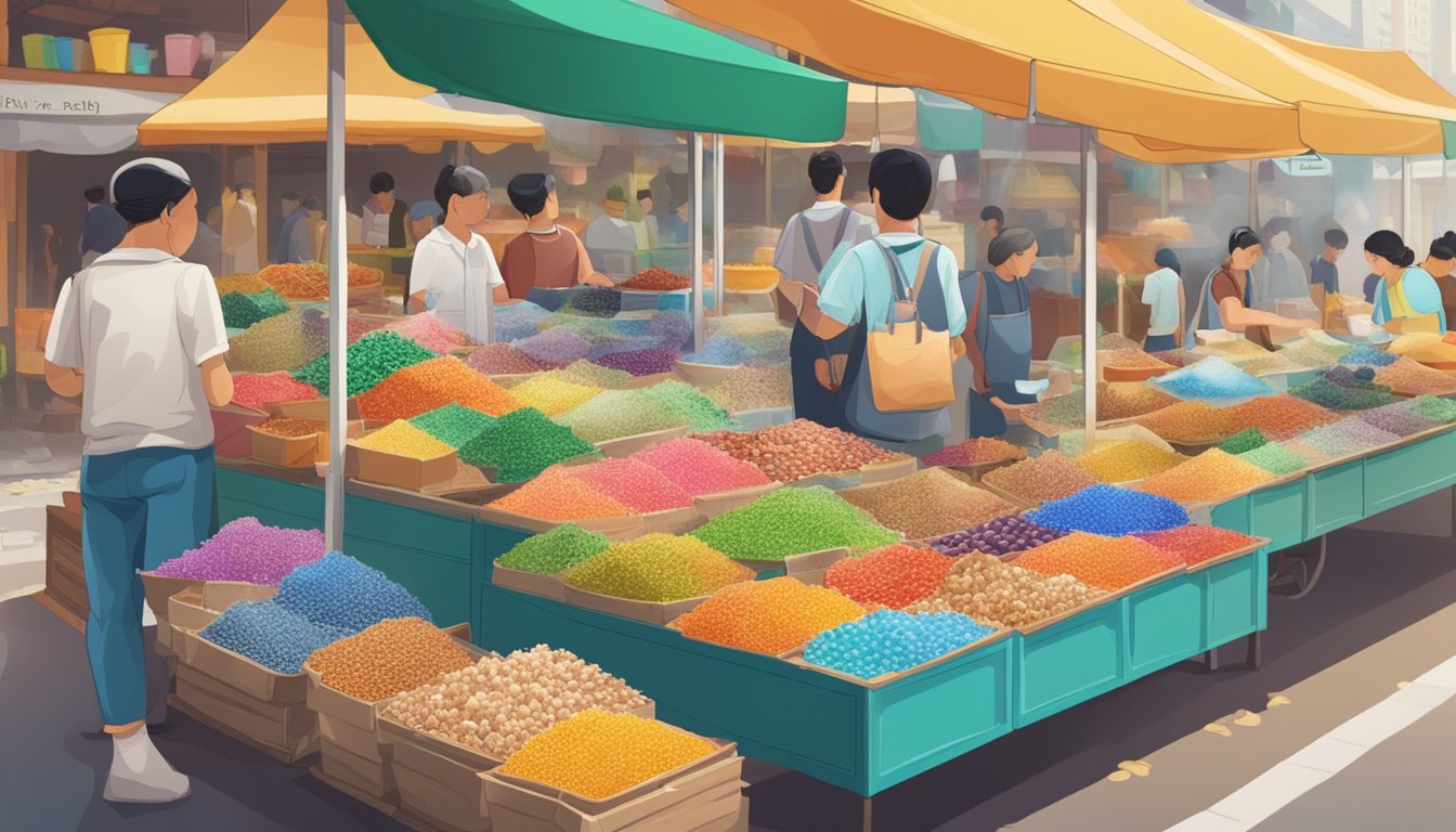 A bustling market stall displays an array of colorful resin products, with a sign reading "Resin for Sale" in Singapore