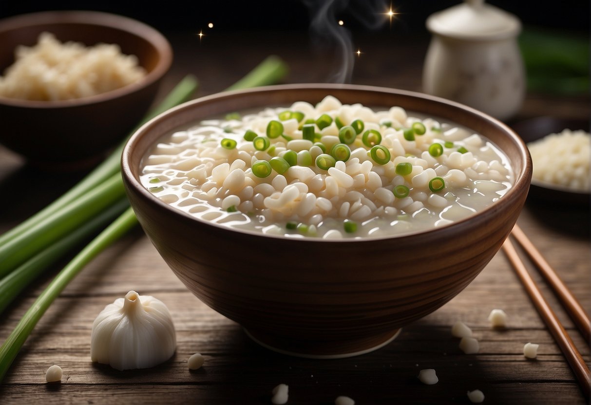 A steaming bowl of Chinese porridge sits on a wooden table, garnished with green onions and a sprinkle of white pepper. A pair of chopsticks rests on the side