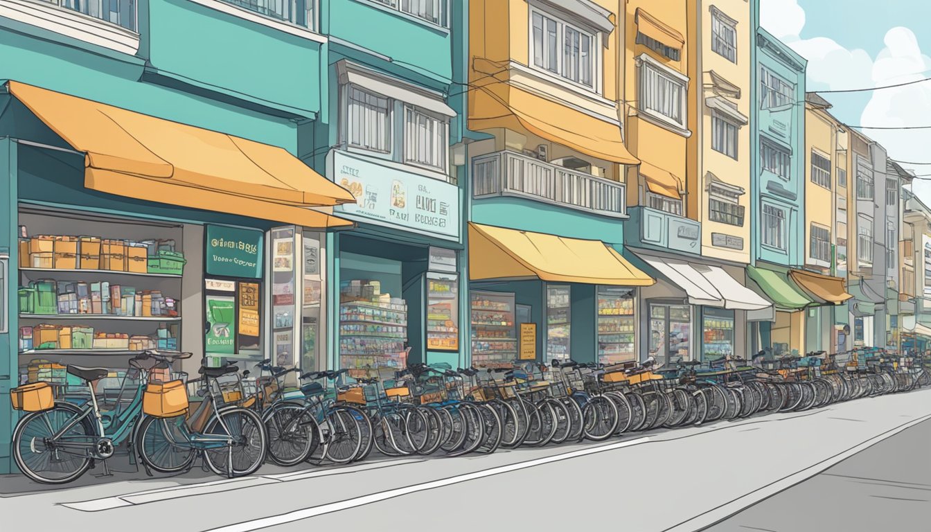 A bustling street in Singapore, with a row of shops displaying various foldable bikes. A sign reads "Where to Buy Your Foldable Bike."