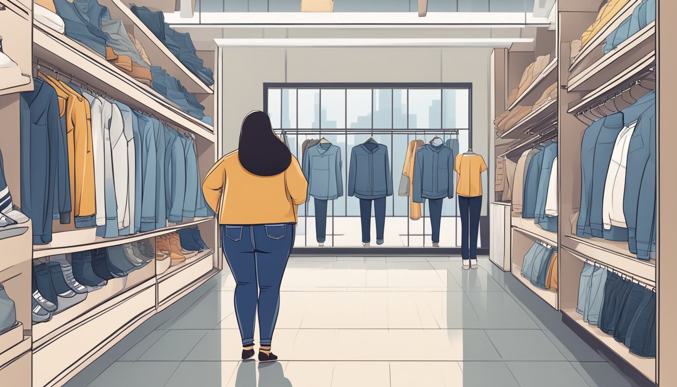 A bright and spacious store with a variety of stylish plus size jeans displayed on neatly organized racks, with helpful staff assisting customers