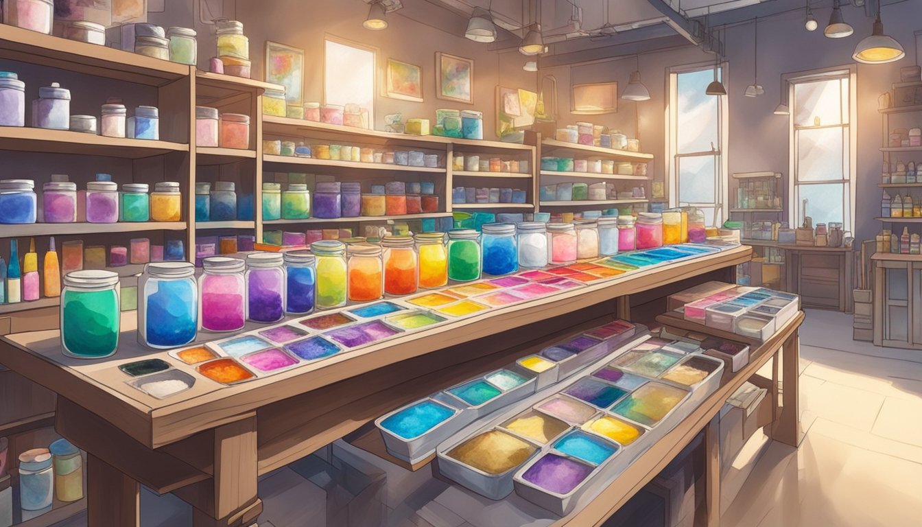 A table with various resin art supplies, including resin, pigments, and molds, displayed in a well-lit art supply store in Singapore