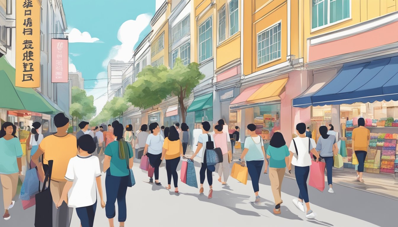 A bustling street in Singapore with various clothing stores, a prominent sign advertising "plus size jeans", and a diverse group of shoppers browsing