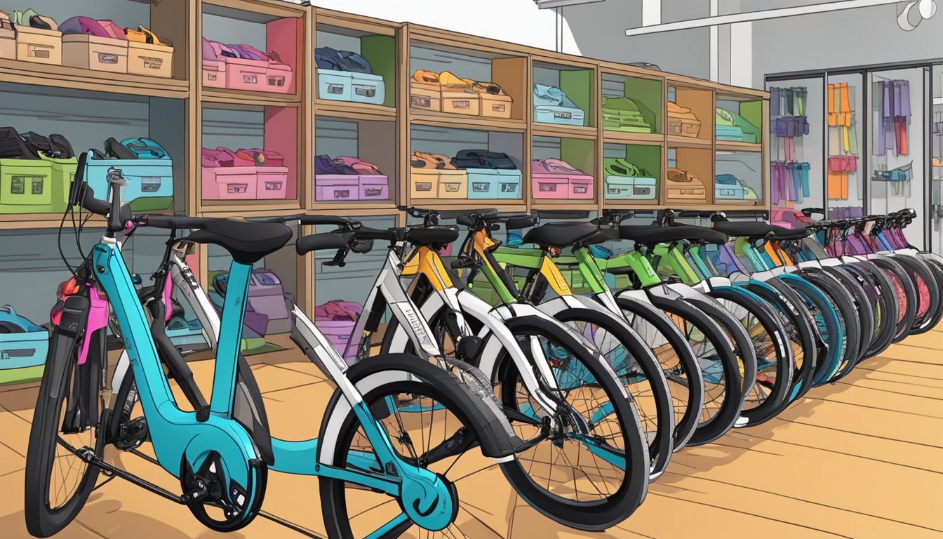 People browsing through a variety of foldable bikes at a bike shop in Singapore, with colorful options and price tags displayed