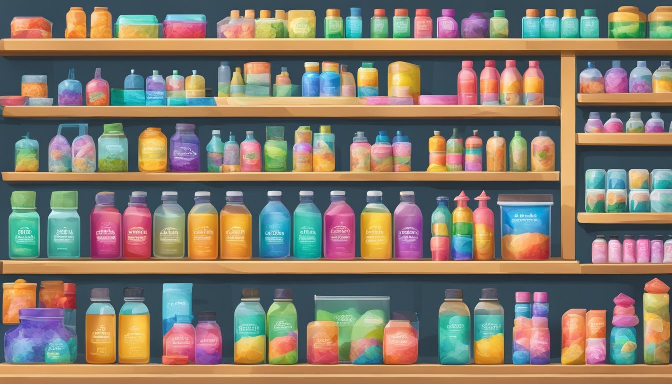 A colorful display of resin products on shelves with a sign reading "Frequently Asked Questions: Where to buy resin in Singapore."